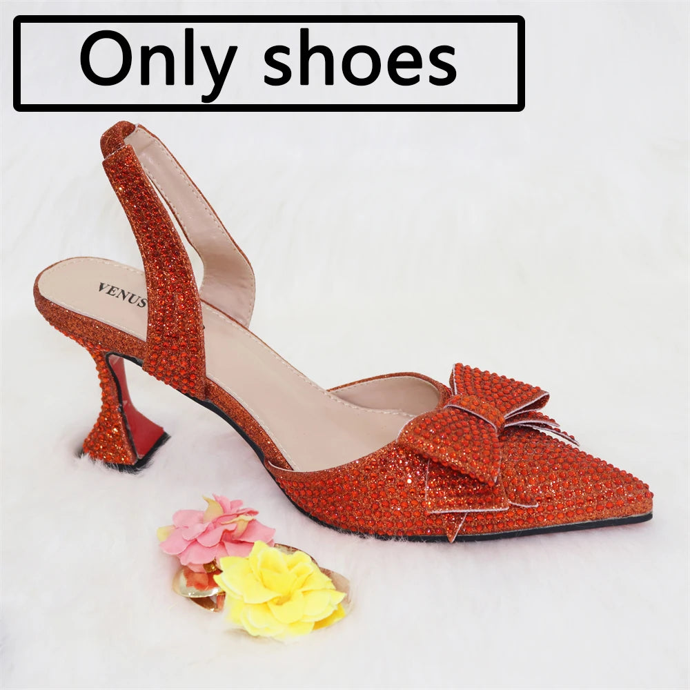 Venus Chan Bridal High Heels for Women 2023 Pointed Toe With Bows Gold Color Rhinestone  Elegant Party Wedding Shoe and Bag Set