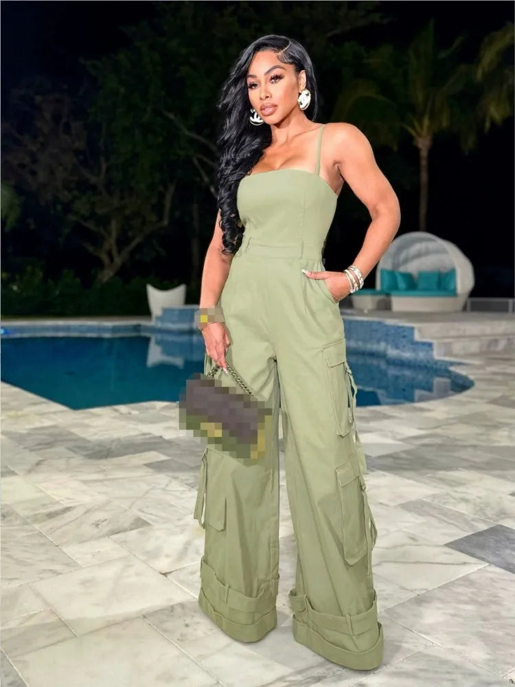 Women's Clothing 2025 Spring Summer New Sexy Sleeveless Solid Color Casual Multi Pocket Workwear Jumpsuit Wide Leg Pants