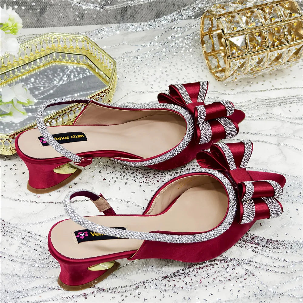 Med Heel Shoes for Women Hollowed Out Embroidery Rhinestone Italian Design Olive-green Color Pointed-Toe Shoes and Bags Set