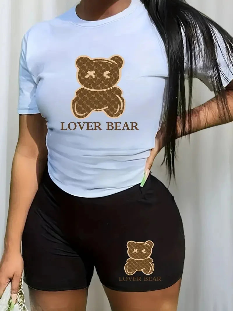 Women Two-piece Set Short Sleeve Bear Print Casual T-Shirt & Shorts 2pcs Outfits For Summer Women's Clothing