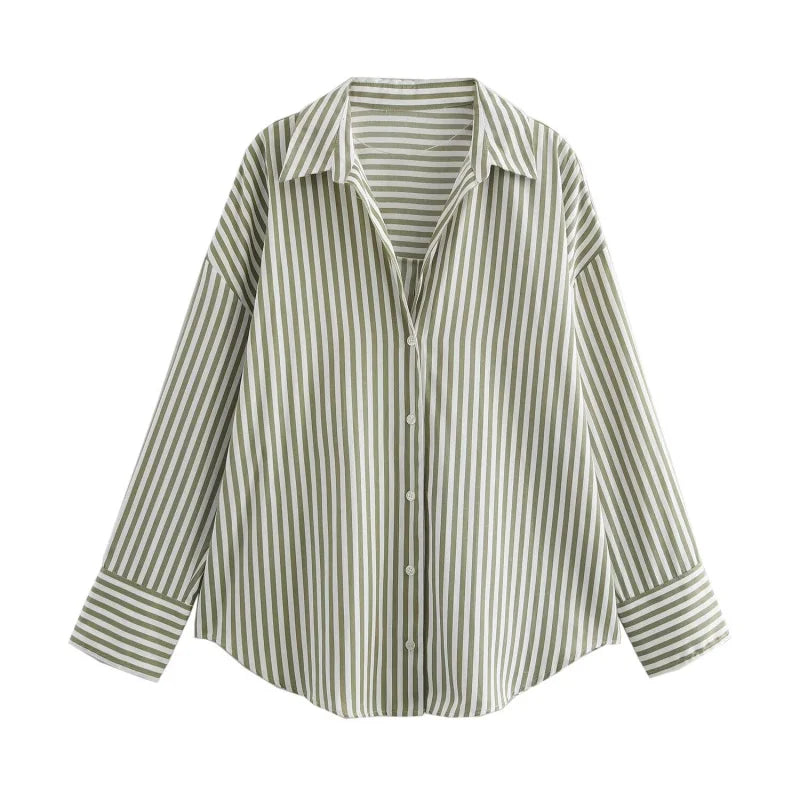 Traf 2025 women's spring new Europe-American fashion striped long sleeve lapel loose version poplin shirt multi-color selection