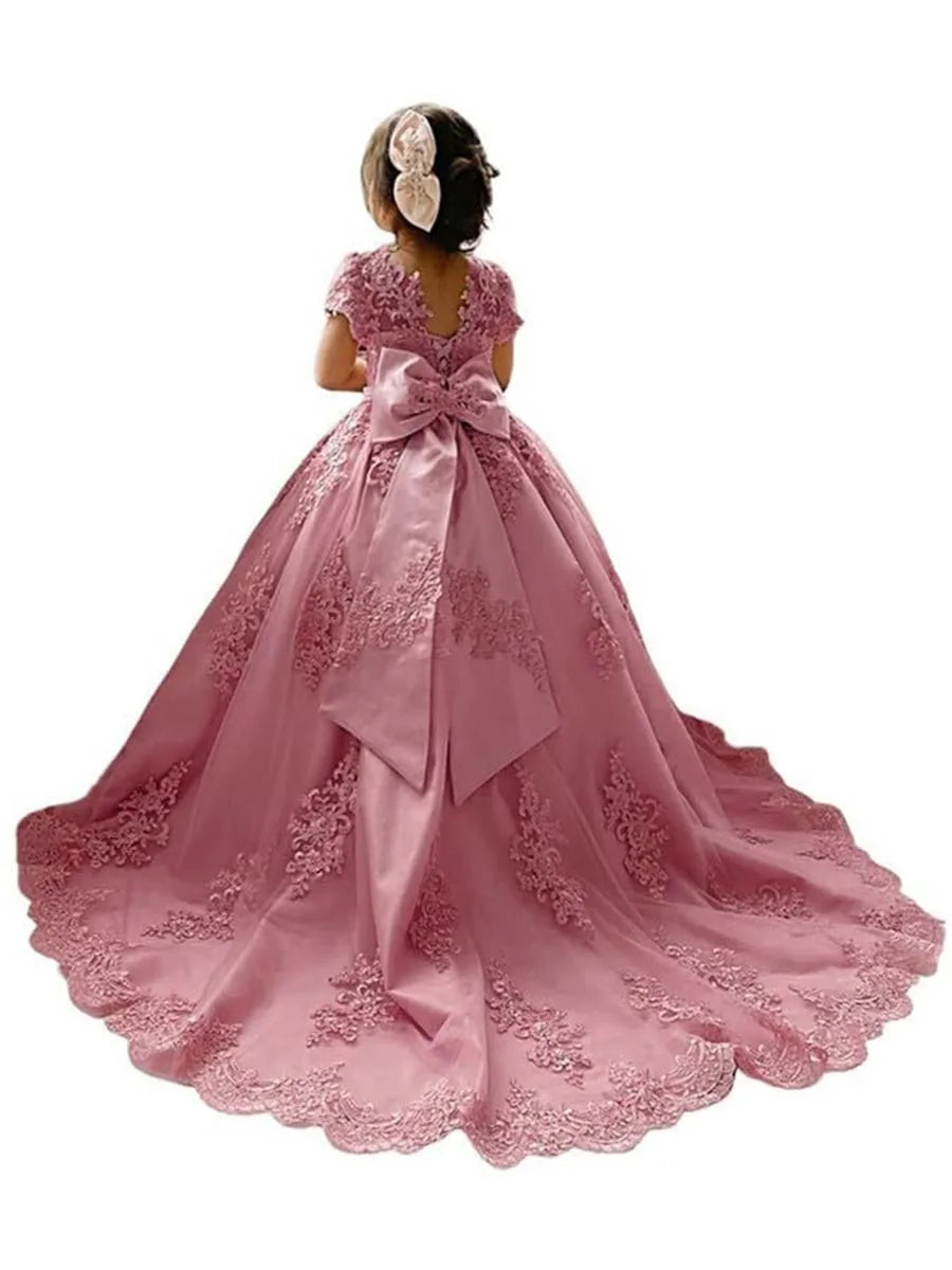 Girls Princess Flower Girl Dresses for Wedding With Bow-knot Beaded Appliques Pageant Dress Kids Long Train Wedding Party Gowns