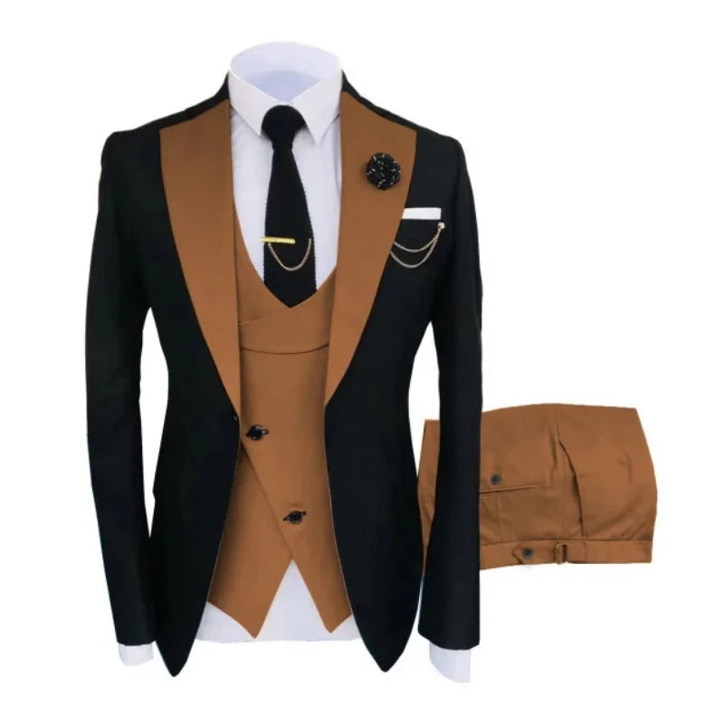 Men Suits 3 Pieces Tailored Best Man Groom Wedding Tuxedo Slim Fit Jacquard Two-color Blazer Jacket  Vest Pants Tuxedo Clothing