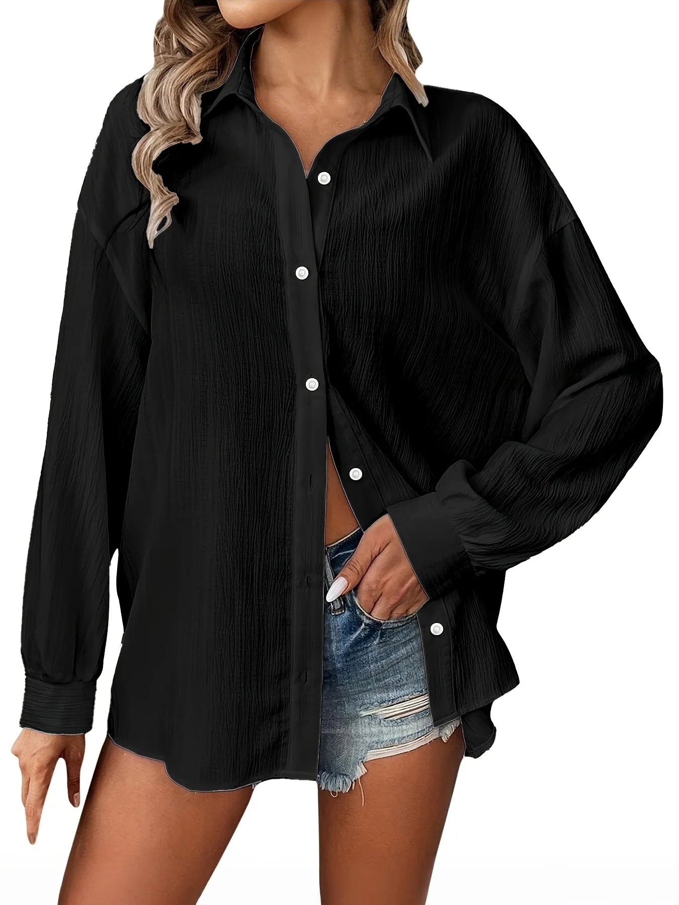 Plus Size 1XL-5XL  All Season Women's Fashionable Solid Color Button Up Shirt Women Casual Long Sleeved Lapel Shirt