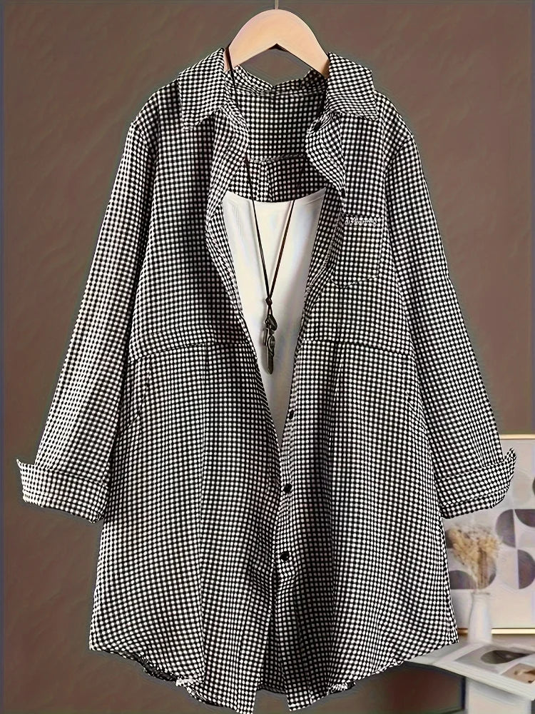 Plus Size New Korean Fashion Blouses Plaid Button Solid Midi Autumn Shirt Female All-match Loose Long Sleeve Polo-Neck Blouse