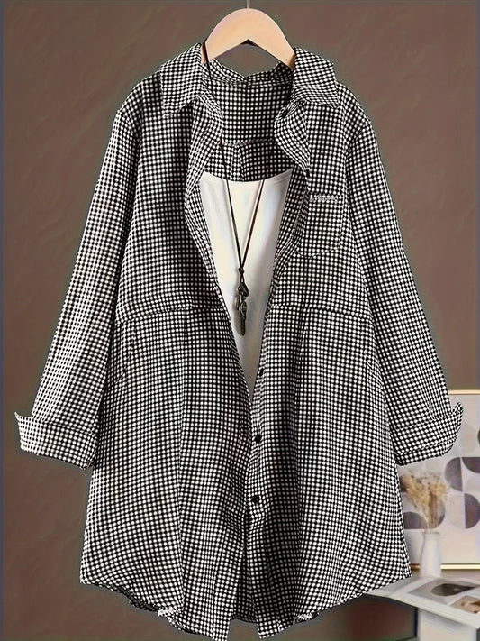 Plus Size New Korean Fashion Blouses Plaid Button Solid Midi Autumn Shirt Female All-match Loose Long Sleeve Polo-Neck Blouse