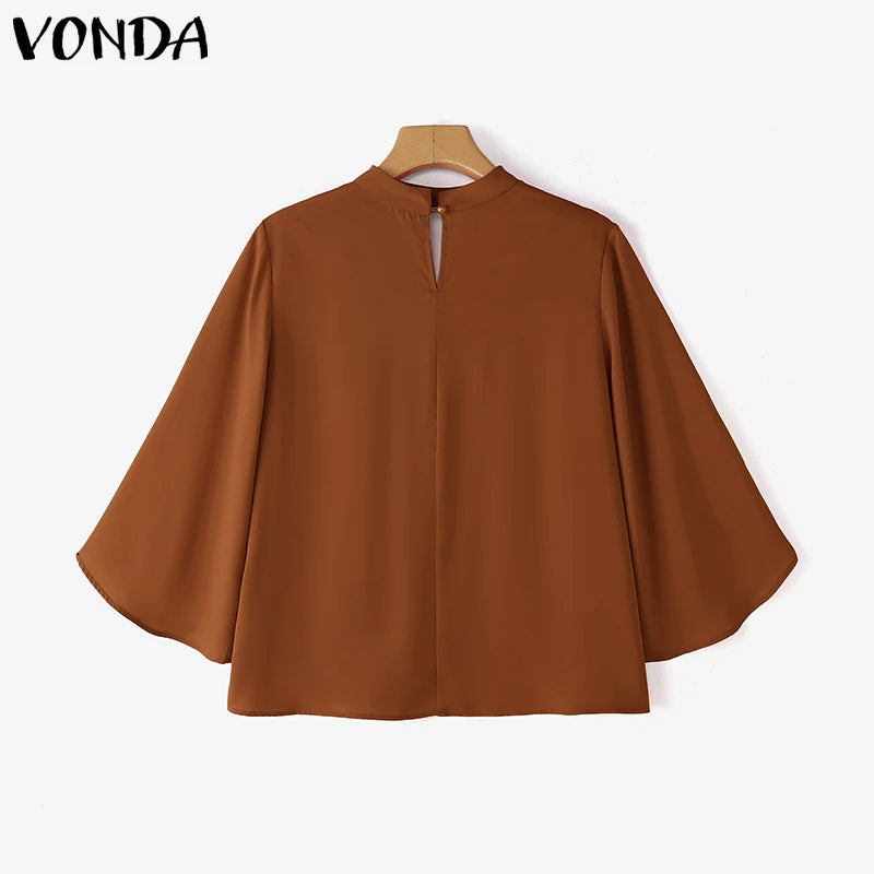 VONDA Plus Size Fashion Blouse Women Elegant OL Shirts Casual Hollow Out V Neck Solid Color Tunic Tops 3/4 Sleeve Blusas 5XL