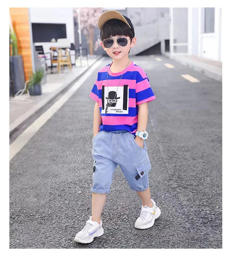 Summer Baby Boys Clothes Suit Stripe Cotton T-shirt+Jeans Short Pant 2PCS Set Kids Boys Clothing  For 3 4 5 6 7 8 9 10 11 12 Yrs