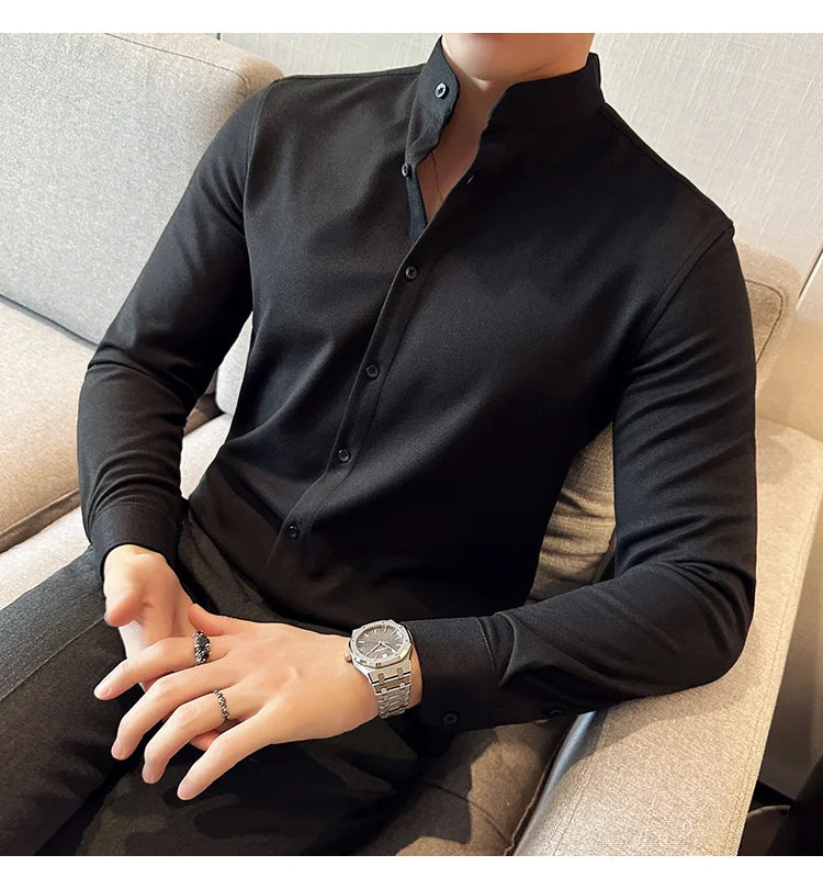Winter Men Woolen Shirt with British Style Solid Casual Stand Up Collar Thick Warm Wool Formal Dress Shirt Fashion Men Clothing