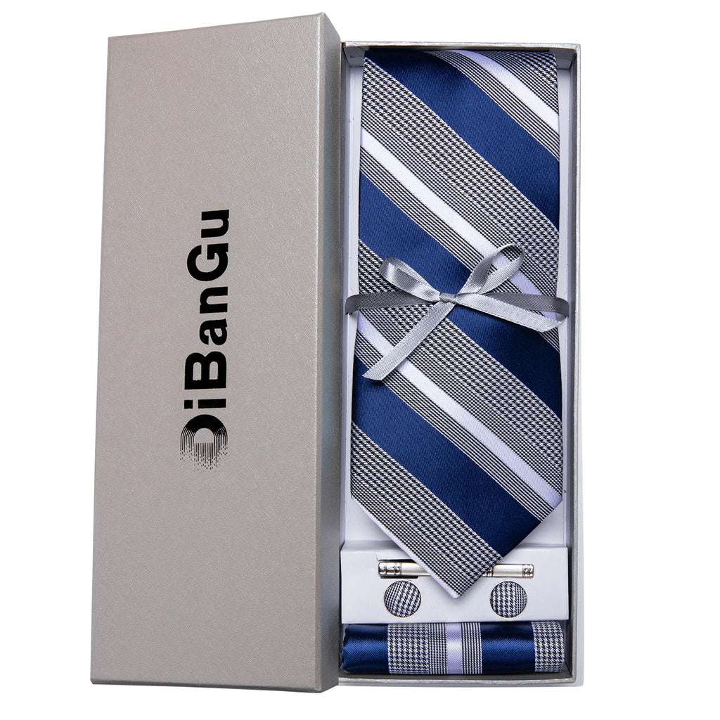 Solid Black Plaid Men's 8cm Polyester Neck Tie Handkerchief Cufflinks Set with Gift Box Tie Clip Birthday Anniversary Gift