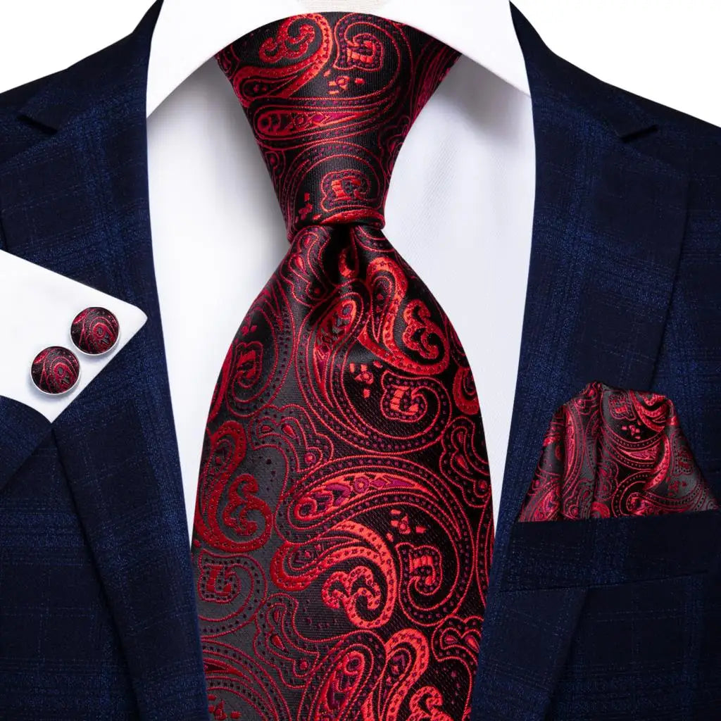 Hi-Tie Designer Red Burgundy Plaid Silk Wedding Tie For Men Handky Cufflink Gift Mens Necktie Fashion Business Party Dropshiping