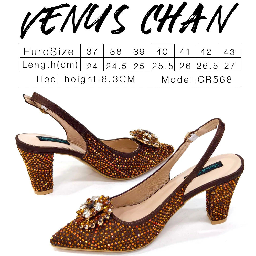 Venus Chan Nigerian Women Heel Party Ladies Italian Design Shoes And Bag Set Decorated with Rhinestone Handbag Wedding Party