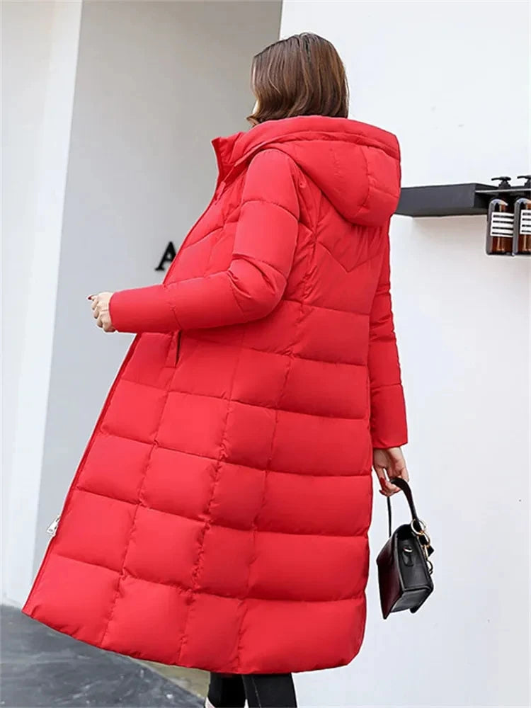 2025 New Winter Parka Long Coat Women WhiteThick Warm Down Cotton Coat Fashion Hooded Parka Puffer Windproof Snow Overcoat