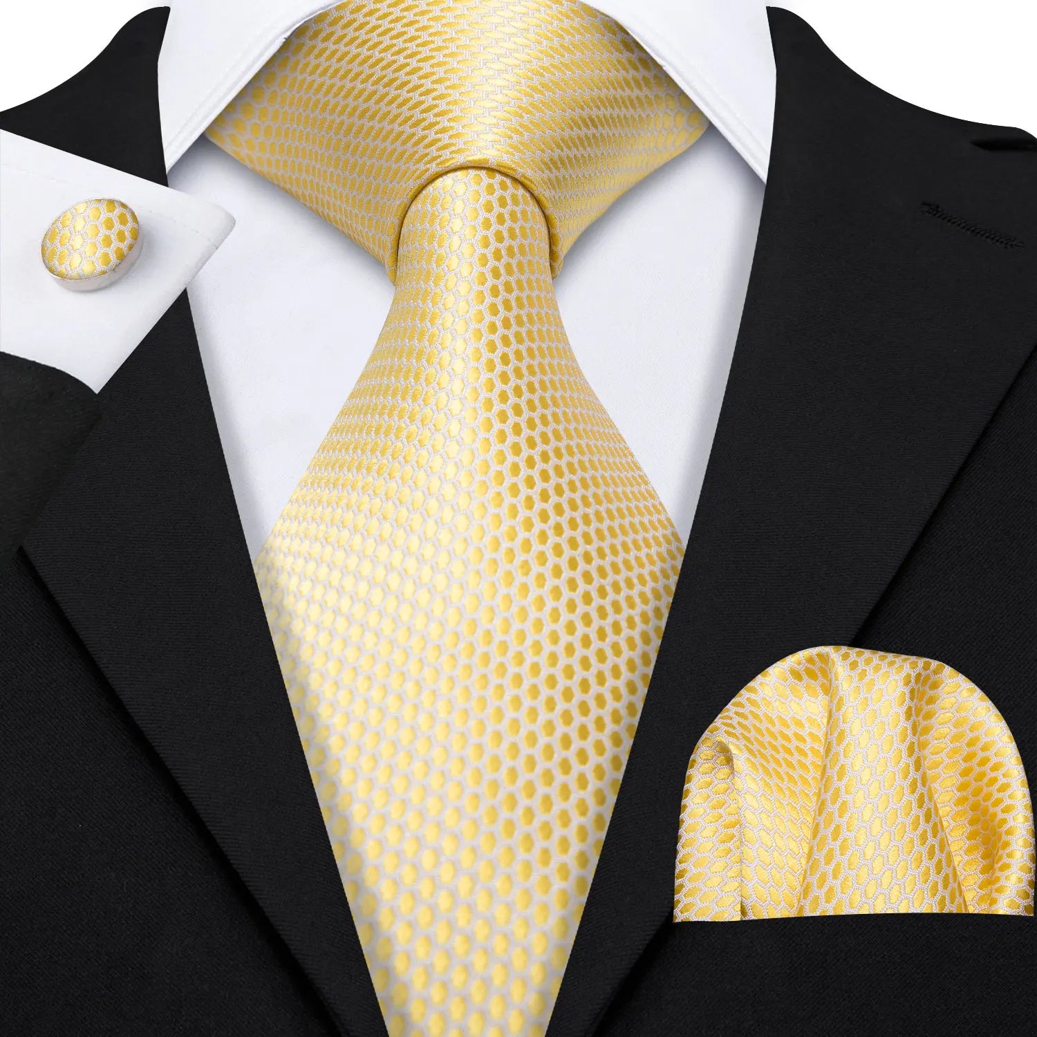 Barry.Wang Gold Beige Yellow Brown Tulip Silk Men Tie Handkerchief Cufflink Set Jacquard Necktie for Male Wedding Business Party
