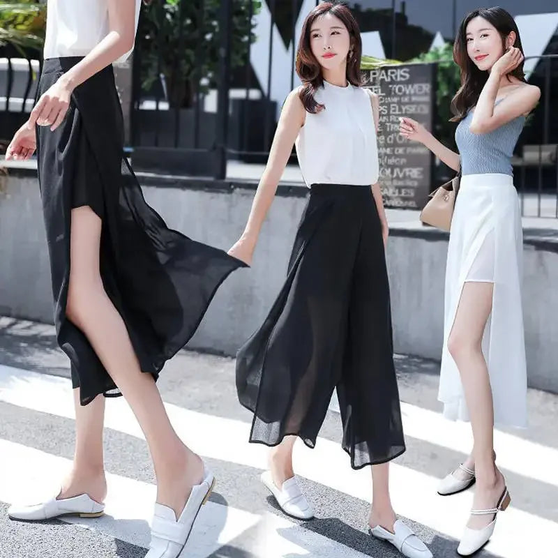 2024 Side Split Shorts Skirt Women's Summer Sweet Slim Chiffon Capris Skirts Female Korean Style Split Tulle Skirt Pants