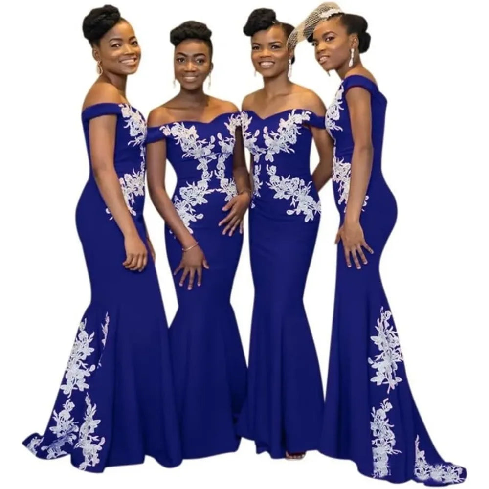 Burgundy Womens Off The Shoulder Mermaid Bridesmaid Dresses for Wedding Lace Satin Prom Dresses Long Formal Evening Gowns Africa