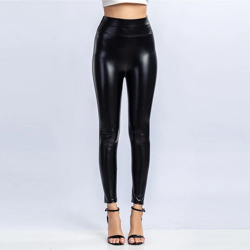 Glossy PU Leather Pants Women's Slim High Waist Bottom Lift Trouser Elastic Leggings Nightclub Party Wear Ladies Pencil Tights