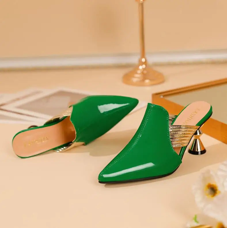 Women Sandals Wedding Party Strange Heels Mules Fashion Rhinestone Slippers Quality PU Pumps Shoes Woman