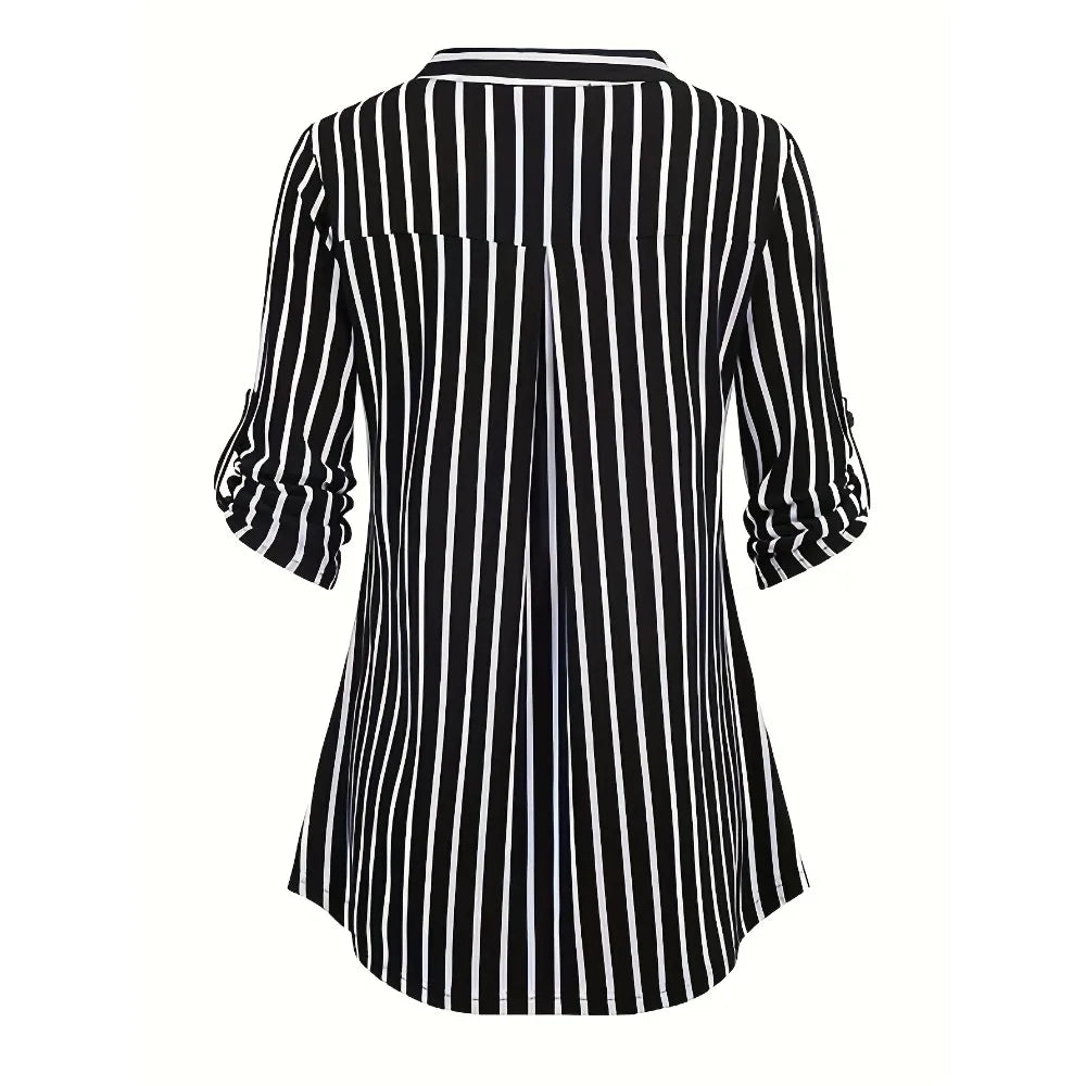 Plus Size 1XL-5XL Womens Stripe 3/4 Sleeve Bllouse Shirts Zipper V Neck Blouses Women Spring/Fall Fashion Stripe Pattern Shirt
