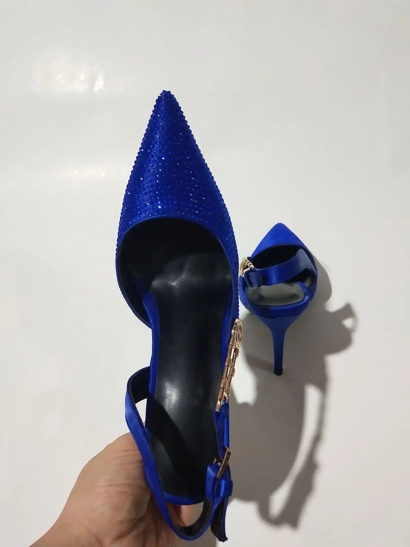 2025Women's Sexy Silk Rhinestone Pumps Belt Buckle Back Hollow Pointed Toe Thin Heel Sandals Pumps Female High Heels Party Shoes