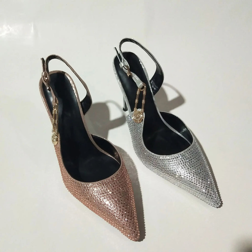 2025Women's Sexy Silk Rhinestone Pumps Belt Buckle Back Hollow Pointed Toe Thin Heel Sandals Pumps Female High Heels Party Shoes