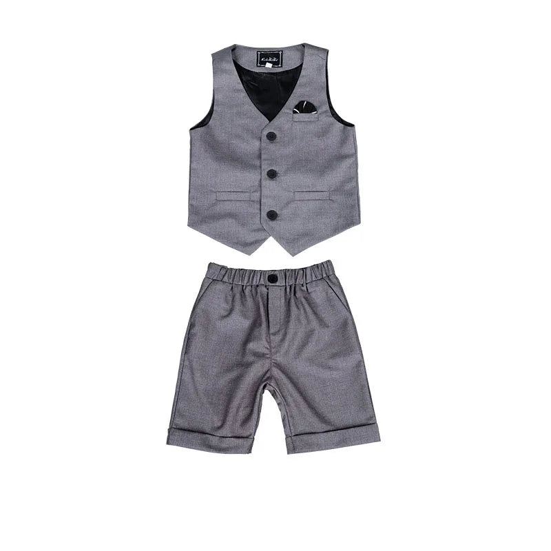 Boys Summer Vest Dress 3Pieces/Set Vest Shorts Bowtie Photograph Suit School  Performance Clothing Set Children Wedding Custome