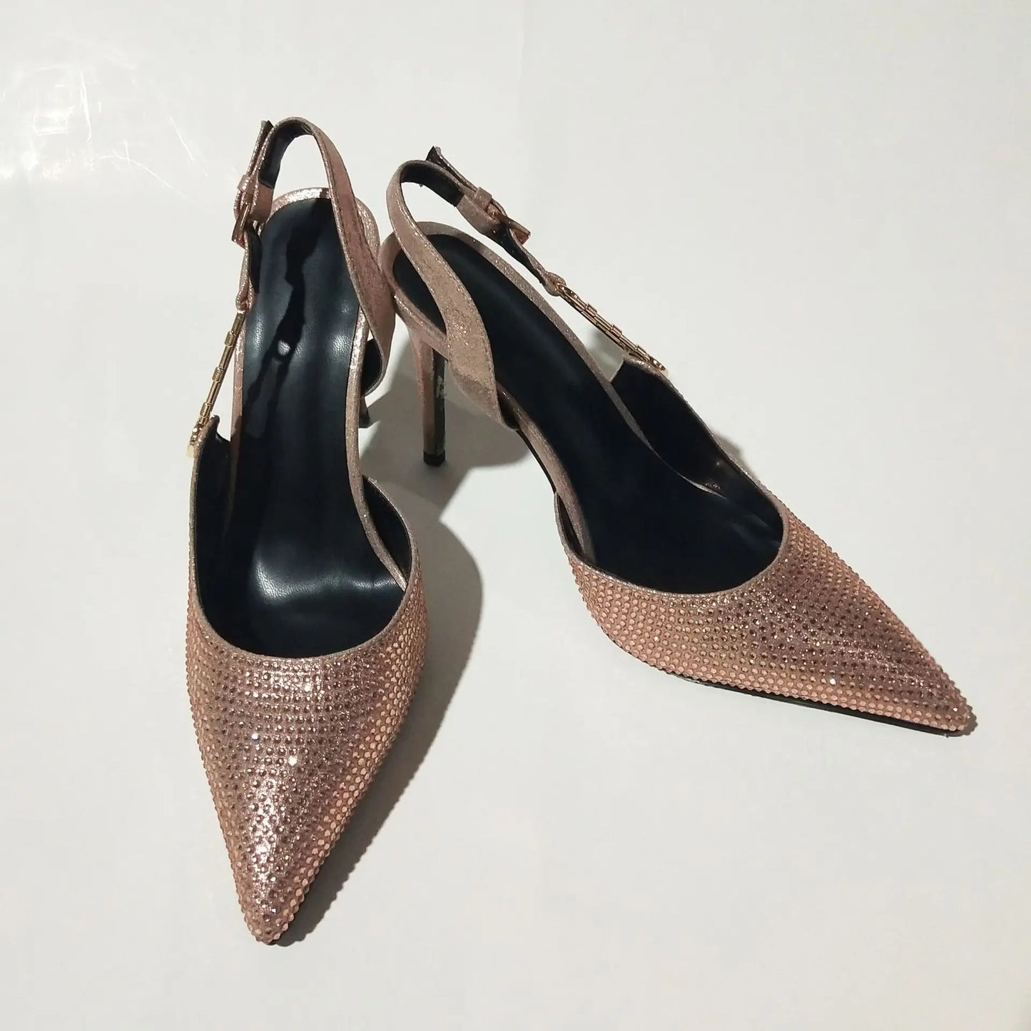 2025Women's Sexy Silk Rhinestone Pumps Belt Buckle Back Hollow Pointed Toe Thin Heel Sandals Pumps Female High Heels Party Shoes