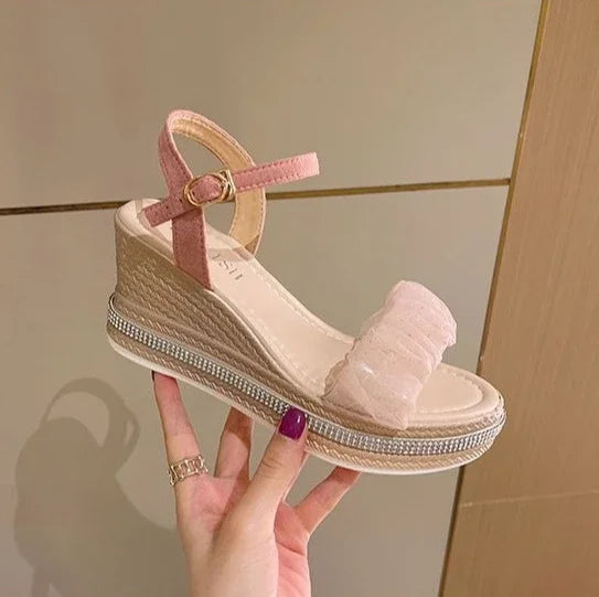 Sandals for Women Wedges Heel Rhinestones Woman Shoes Anti Slip Hot 2025 Luxury Vip Comfort Sandal Comfortable and Elegant Shoe