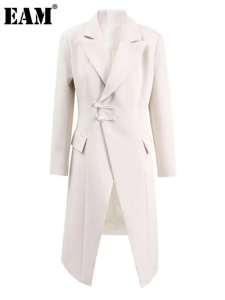 [EAM] Women Beige Irregular Hem Buckle Long Elegant Blazer New Lapel Long Sleeve Jacket Fashion Tide Spring Autumn 2025 CPDB133