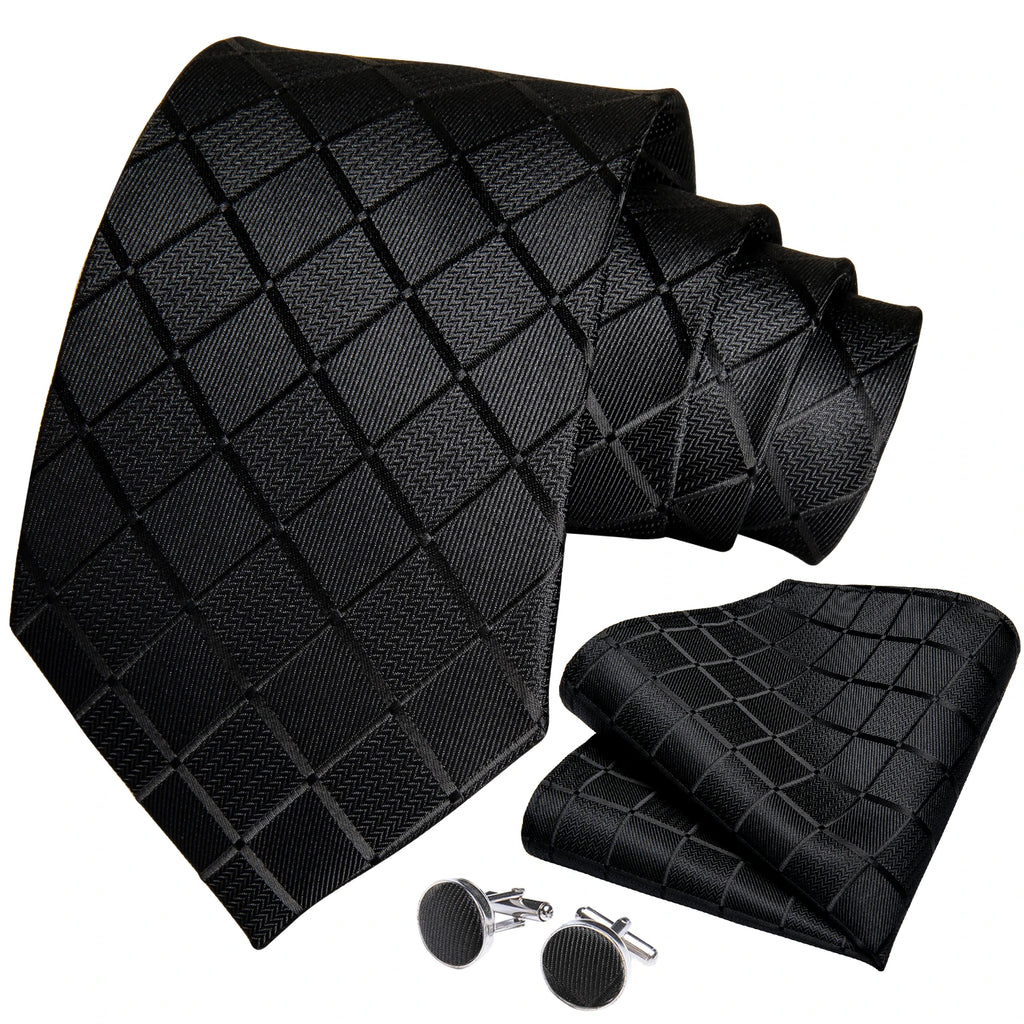 Solid Black Plaid Men's 8cm Polyester Neck Tie Handkerchief Cufflinks Set with Gift Box Tie Clip Birthday Anniversary Gift