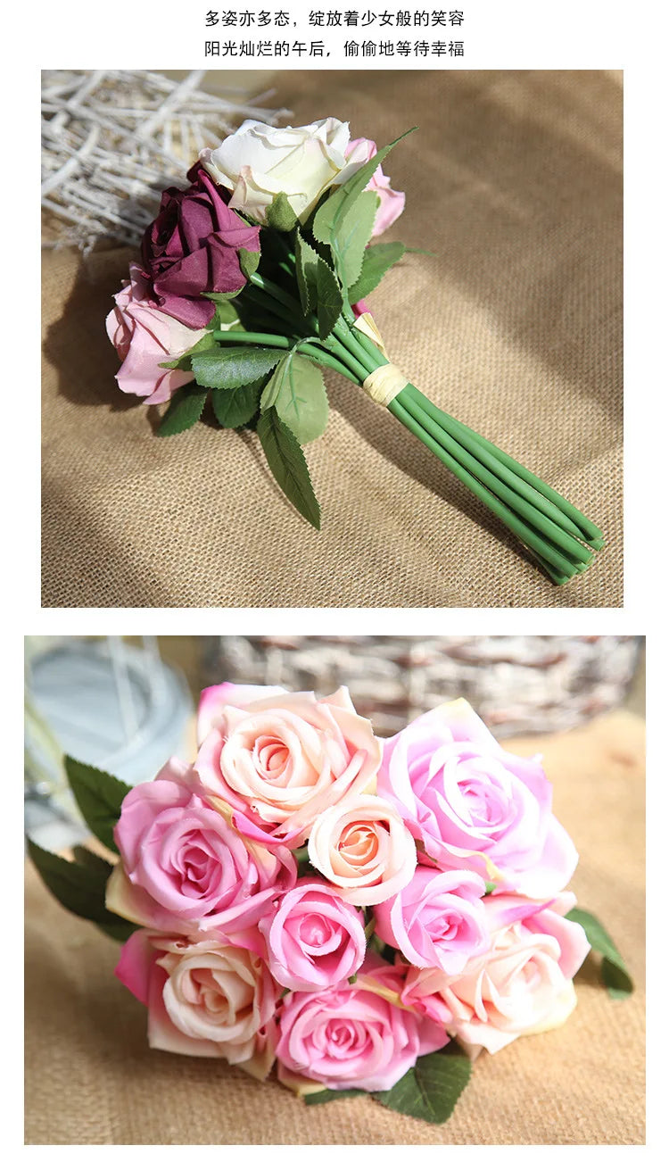 9 Head Artificial Bouquet Rose Bouquet Wedding Decor Artificial Flower Home Decoration Accessories Silk Flowers