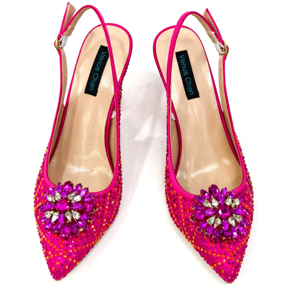 Venus Chan Nigerian Women Heel Party Ladies Italian Design Shoes And Bag Set Decorated with Rhinestone Handbag Wedding Party
