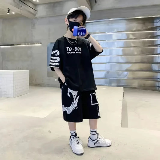 Boys' summer fashion casual sports 2-piece T-shirt+pants suitable for boys' hip-hop style fashion clothing set, lightweight and