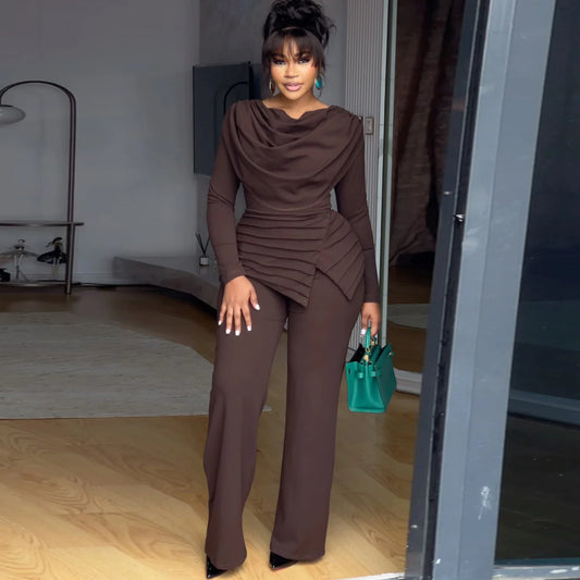 Swing Collar Ruched Jumpsuit Long Sleeve Solid Elegant Office Lady Asymmetric Hem Casual Vintage Ruched Slim Rompers Autumn