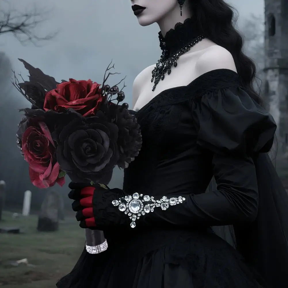 Yannew Black Burgundy Gothic Bridal Bouquets for Bride Bridesmaids Artifiicial Silk Foam Roses Flower Wedding Bouquet Halloween