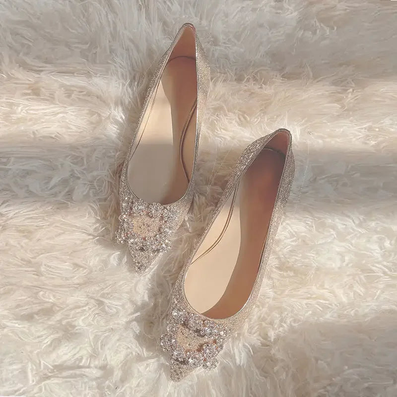 Wedding Shoes Woman Square Buckle Crystal Pointed Toe Flats Glitter Shallow Slip On Comfy Loafers Bling Bling