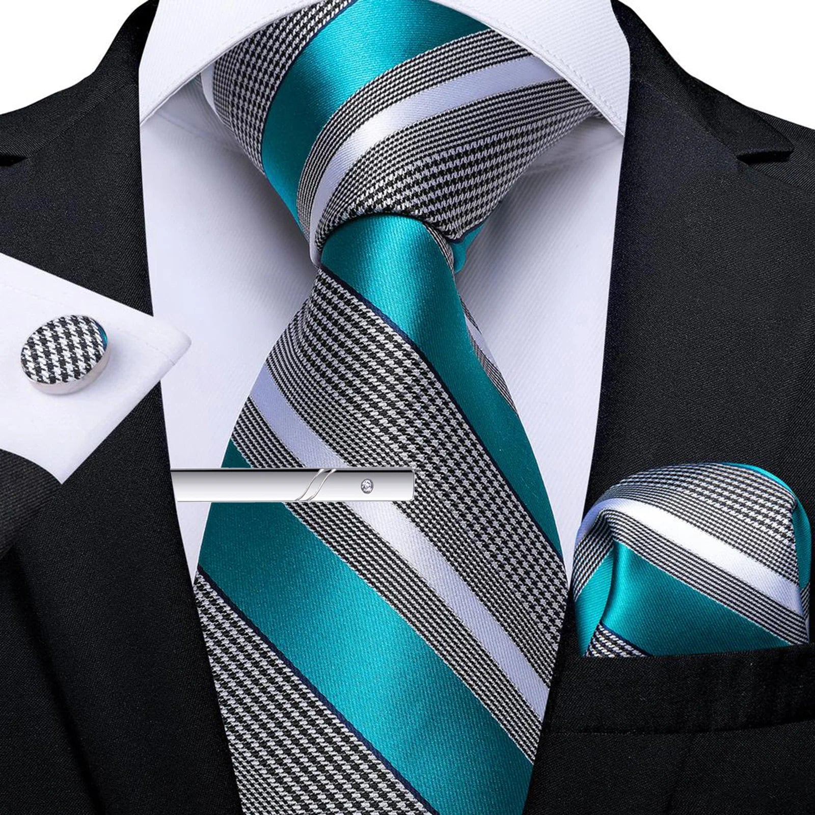 Men's Tie Set with Clip Luxury Retro Red Blue Floral 8cm Necktie Handkerchief Cufflinks Wedding Party Business Accessories Gift