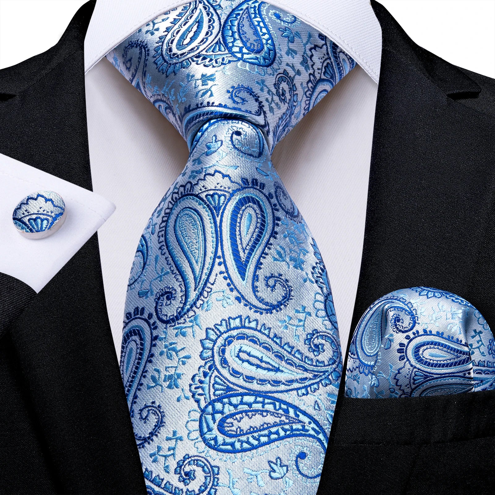 Light Blue Men's Tie Set Handkerchief Cufflinks Solid Paisley Floral Wedding Party Formal Groom Suits Accessories Gift Husband