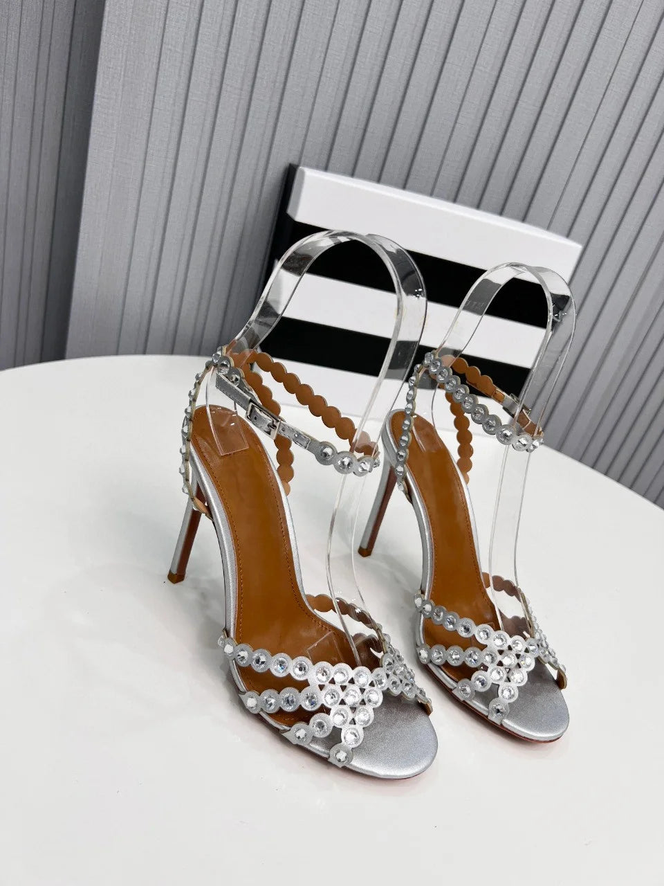 Women Peep Toe Wedding Sandals Crystal Bling Bling Colored Rhinestone shiny Sandals Stiletto Heels Slingback Ankle Strap Shoes