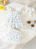 Sweet Girl's Clothing Set - Sleeveless Ruffled - shoulder Blouse with Floral Motifs, Matching Floral - print Shorts, and a Coord