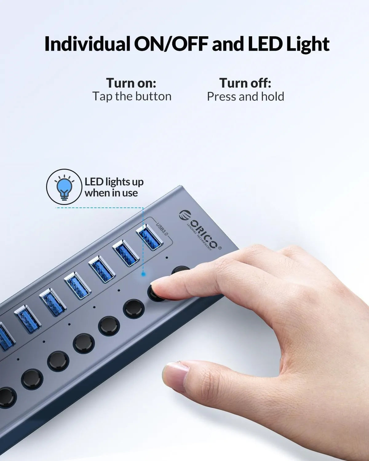 ORICO Aluminum Powered USB3.0 HUB 7/10 Ports USB Extension with Switches 12V Power Adapter Support BC1.2 Charging Splitter