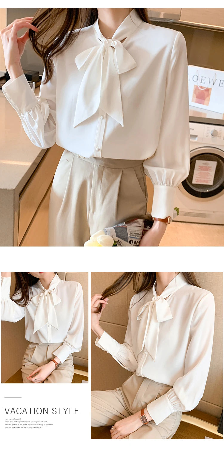 H Han Queen New Arrival Shirt Womens Blouse Vintage Work Casual Tops Chiffon Blouse Bow Elegant Loose Women Business Shirts 2021