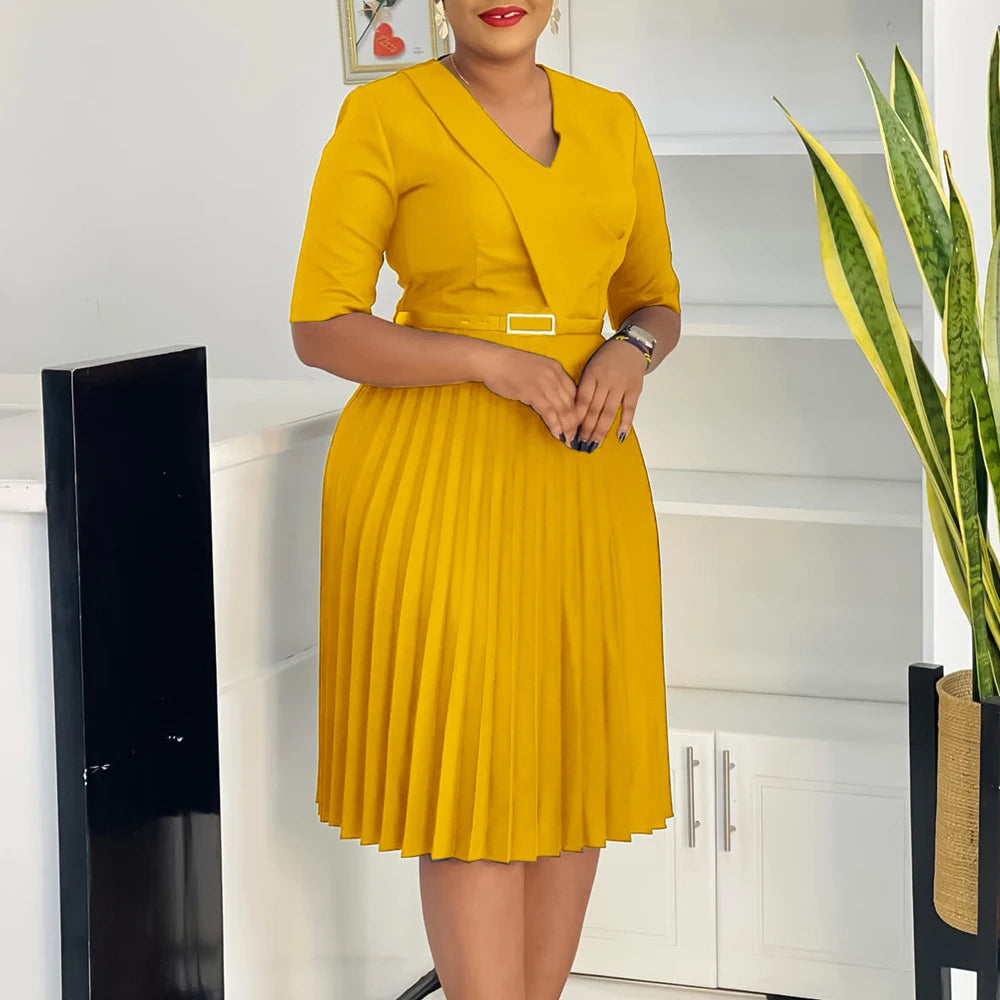 Church Dresses for Women Elegant V Neck Half Sleeves Pleated A-Line Midi Dress Female Classy Modest African Summer Fashion Gowns