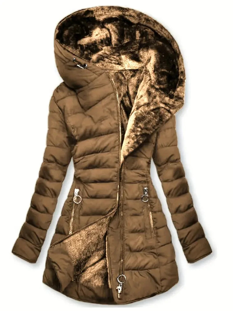 Long Sleeve Coat Solid Women's Winter Jacket with Plush Lining Hooded Outerwear Warm Windproof Down Coat for Cold Weather