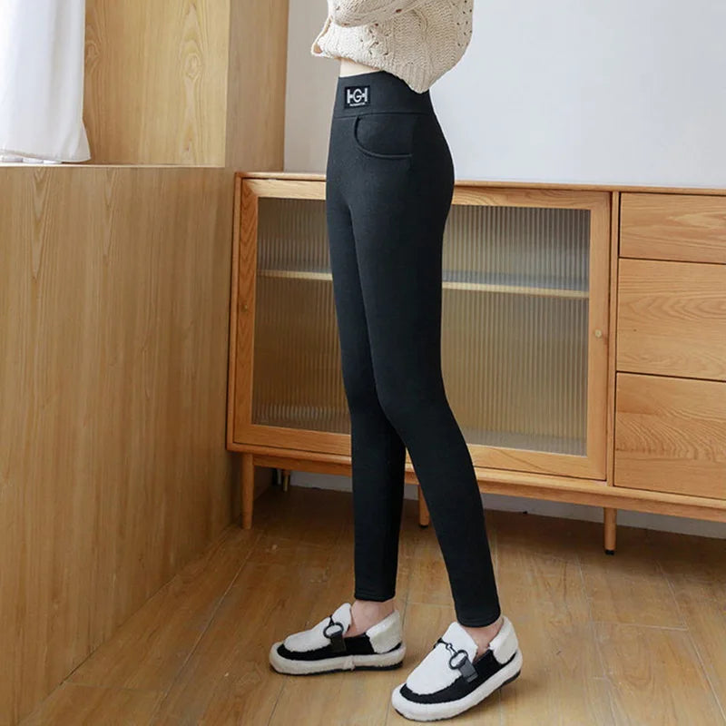 Winter Thermal Pants For Woman Lamb Cashmere Leggings High Waist Extra Thick Wool Tights Pants Warm Fleece Insulated Trousers