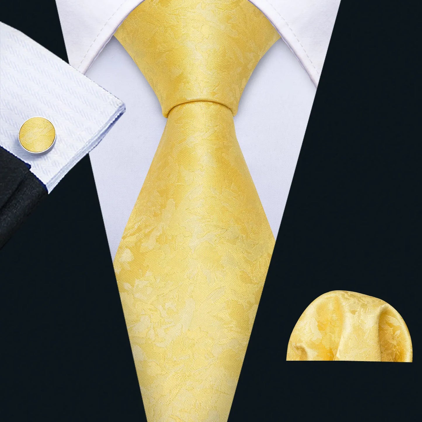 Barry.Wang Gold Beige Yellow Brown Tulip Silk Men Tie Handkerchief Cufflink Set Jacquard Necktie for Male Wedding Business Party