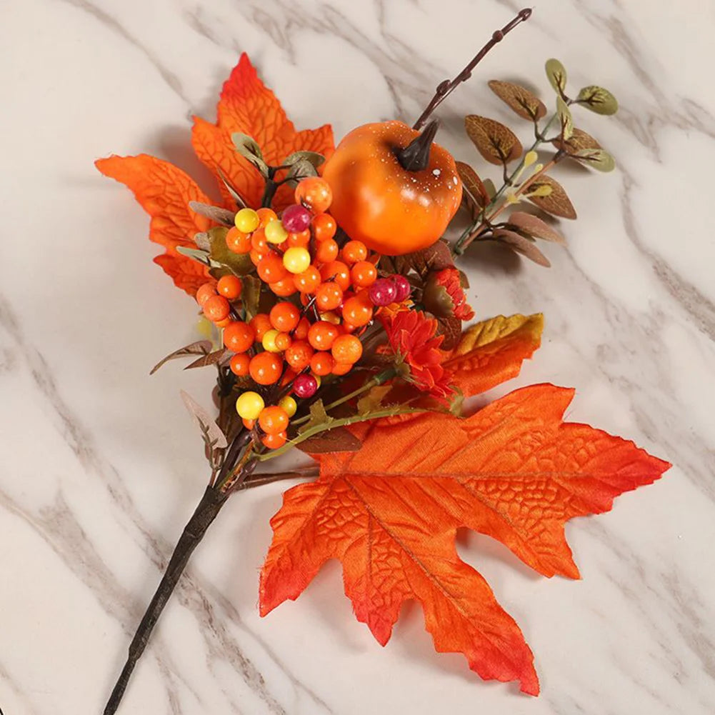 Autumn Fall Maple Leaves Branch Foam Artificial Fall Fake Maple Leaves Stems Plant For Outdoor Wedding Halloween Home Decoration