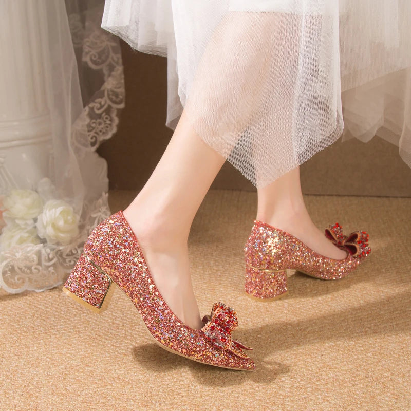 Wedding Shoes for Women 2024 Brand Fashion Women's High Heels Summer Pointed Toe New Crystal Butterfly-knot Bride Shoes