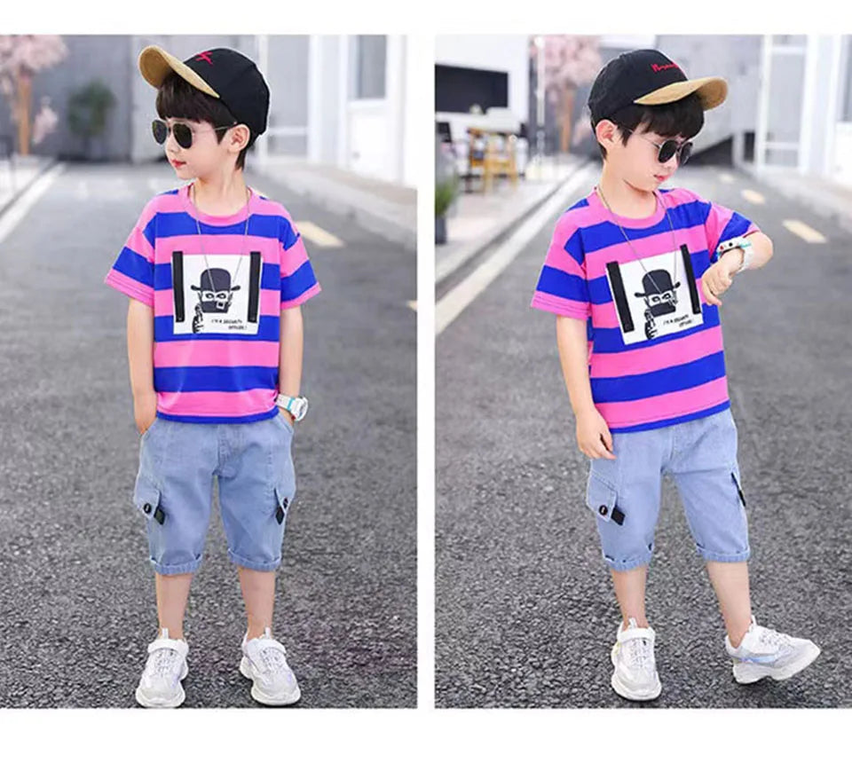 Summer Baby Boys Clothes Suit Stripe Cotton T-shirt+Jeans Short Pant 2PCS Set Kids Boys Clothing  For 3 4 5 6 7 8 9 10 11 12 Yrs