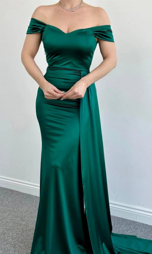 Emerald Green V-Neck Bridesmaid Dresses off the Shoulder Satin Mermaid Side Long Ribbon Trailing Skirt Slim Fit 2025 Customized